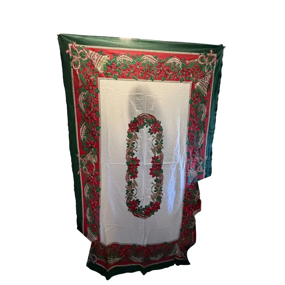 Vintage 90s Christmas‎ Tablecloth and 8 Napkins Set Poinsettia Bells Green Red